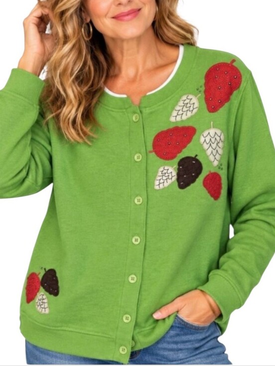 Rebecca Malone Sweaters - Rebecca Malone Women’s Medium Green Embroidered Leaf Button Front Cardigan Fall